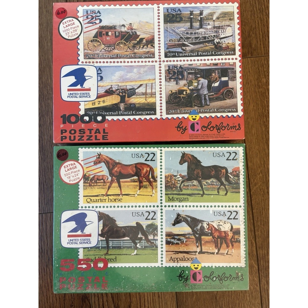 2 Colorforms Horse Stamp Postal Puzzle 1000 Piece USPS Transportation Car Boat